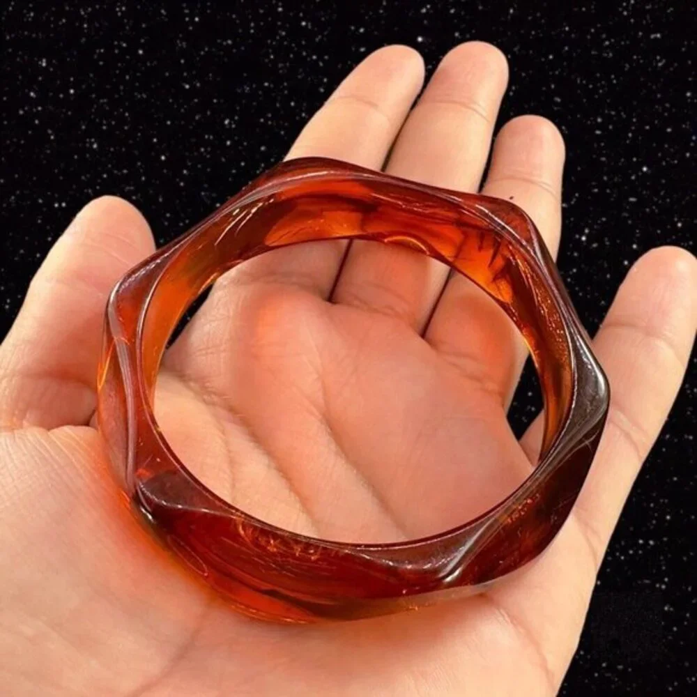 UV‎ Glow Root Beer Swirl Indent Thick Lucite Bracelet 1960s Jewelry Decor 3”Wide